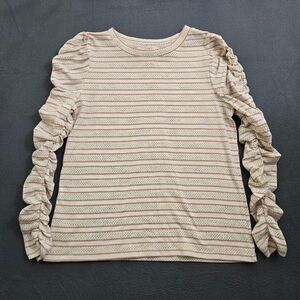 LOFT Petite Women LP Puff Cinched Long Sleeve Striped Crewneck Shirt Blouse